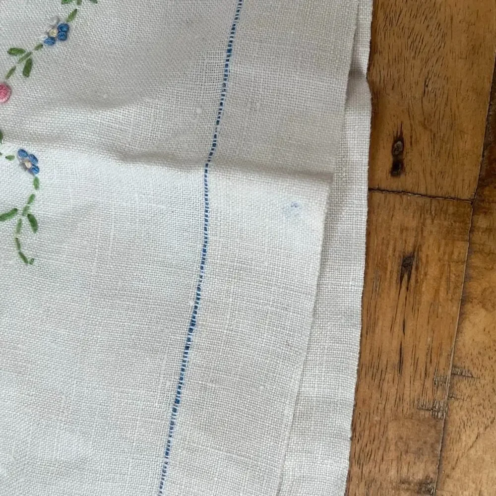White Kitchen Dish Towel 17 x 28 in Hand-Embroidered Floral Basket Cross-Stitch